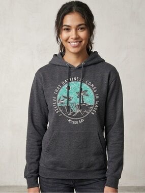 Jerzees Sweatshirt Small Morro Bay Graphic Hoodie Charcoal Teal Beach vacation